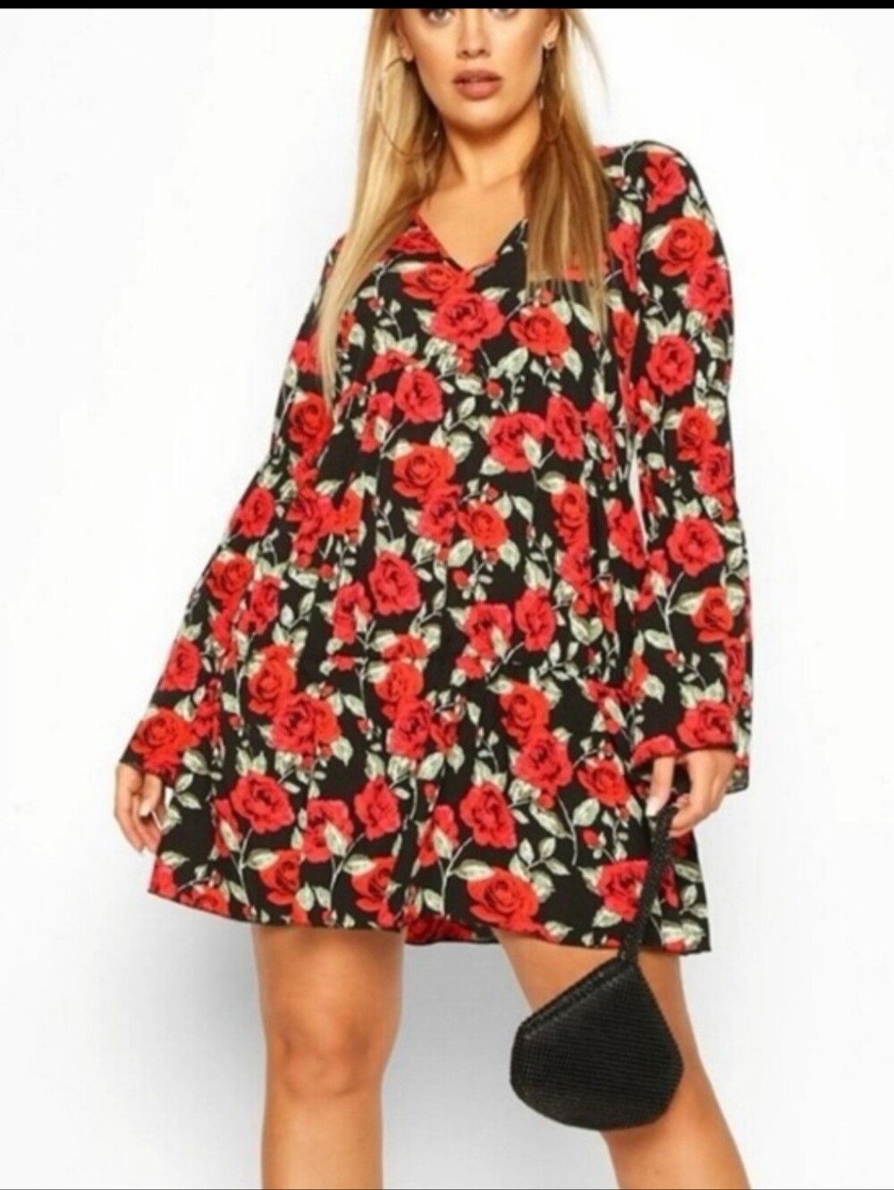 Boohoo Black Dress with Red Rose Allover Print. In Great Condition!